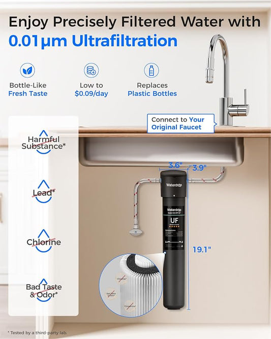 Waterdrop 17UA-UF 0.01 μm Ultra Filtration Under Sink Water Filter System | Reduces Lead, Chlorine, Bad Taste & Odor, Connects Directly to Your Faucet, 3 Years