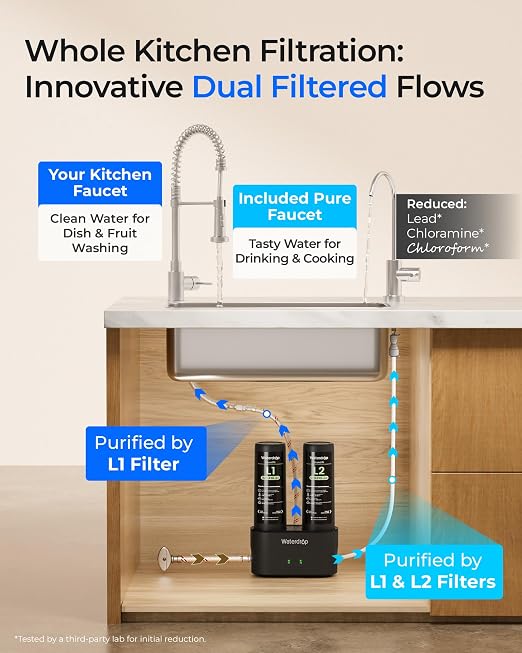 Waterdrop DLG-L Under Sink Water Filter, Reduces Chlorine Lead Chloramine | Dual-Outlet Filtered Water, Wash & Drink, 2 Stage Under Sink Water Filtration System, Life Indicator, with Separate Faucet