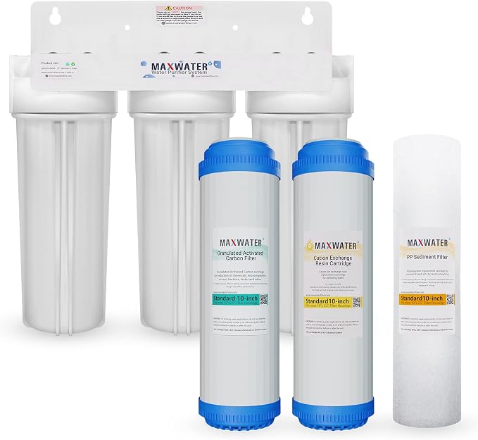 Max Water 3 Stage Water Softening10 inch Standard Water Filtration System for Whole House - Sediment + Cation Resin + GAC - ¾ Inlet/Outlet - Model : WH-SW2