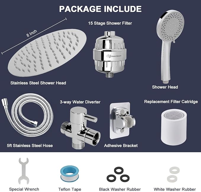 NearMoon Filtered Shower Head, High Pressure 8″Round Rain Shower and 5 settings Handheld Shower Filter Combo with Self-adhesive Holder/1.5M Hose -1 Replaceable Filter Cartridge (Chrome Finish)