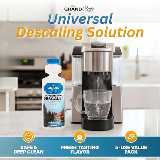 Grand Cafe Universal Descaling Solution - Coffee Maker Descaler and Cleaner for Keurig, Nespresso, DeLonghi & Single-Serve Espresso Machines - Perfect Measure Bottle (20 oz, 5 uses per bottle)