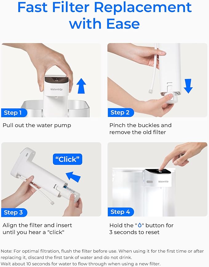Waterdrop EDFX Water Filter Replacement for Waterdrop ED61 Rechargeable Water Filter Dispenser, 200-Gallon Long-Life, 10X Filtration Efficiency, Reduce 98% Chlorine and 20+ Contaminants, 1 Pack
