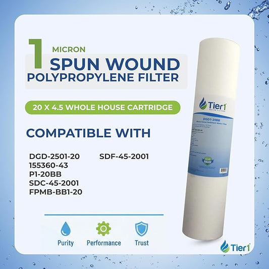 Tier1 1 Micron 20x4.5 Water Filter | Spun Wound Polypropylene Whole House Cartridge | Replacement for Pentek DGD-2501-20, 155360-43, P1-20BB | Sediment & Rust Filtration | 4.5 x 20 Water Filter (3pk)