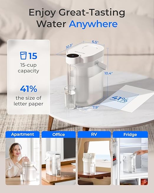 Waterdrop ED25TW Rechargeable Water Filter Dispenser, TDS Reduction,Retain Key Minerals, Instantly Improve Flavor, 15-Cup 5-Stage Portable Countertop Water Filtration System with 1 Filter, White