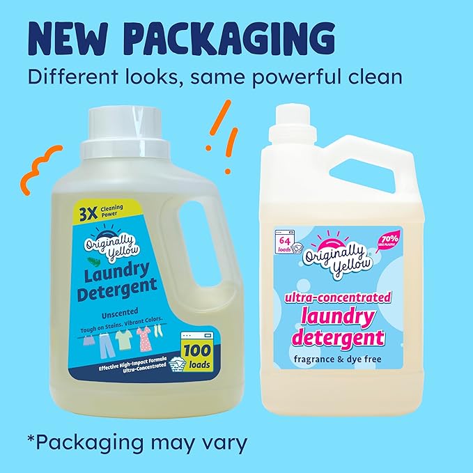 Originally Yellow Natural Unscented Laundry Detergent | Made In USA Natural Laundry Detergent | Stain Removing & Gentle on Sensitive Skin | High-Efficiency for Clean Laundry | up to 100 Loads