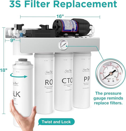 SimPure T1 Series 6-Month Replacement Filter Cartridge Pack Set for Model T1-100ALK, T1-400ALK (1*PP + 1*CTO + 1*ALK)
