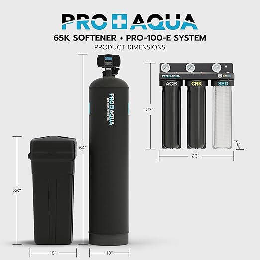 PRO+AQUA PRO-E-S65E Elite Whole House Water Filtration System with 65,000 Grain Water Softening – High-Capacity Filtration + Softening for 6–8 People, Well or City Water