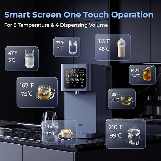 TOKIT Reverse Osmosis Water Filter Countertop T1 Ultra Cold & Hot Dual UV Water Dispenser 5℃ Cooling and Instant Heating RO Water Filtration System 8 Temp Choice, NSF/ANSI 58, No Installation for Home