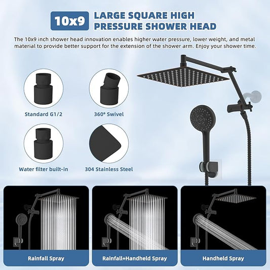 All Metal Rain Shower Head, 10” High Pressure Rainfall Shower Head with Handheld Spray, 10-Mode Powerful Cleaning Handheld Showerhead, 16" Stainless Steel Adjustable Extension Arm, Oil Rubbed Bronze