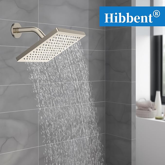 Hibbent cUCPC Certified Metal Shower Head, 8'' High Pressure Rainfall Shower Head, Bathroom Waterfall Shower Heads, High Flow Fixed Showerheads with Adjustable Brass Ball Joint, Brushed Nickel