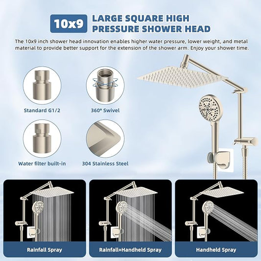All Metal Rain Shower Head, 10” High Pressure Rainfall Shower Head with Handheld, 5" Large Handheld Showerhead Powerul Wash 10-Spray, 16" Shower Extension Arm Adjustable Height/Angle, Brushed Nickel