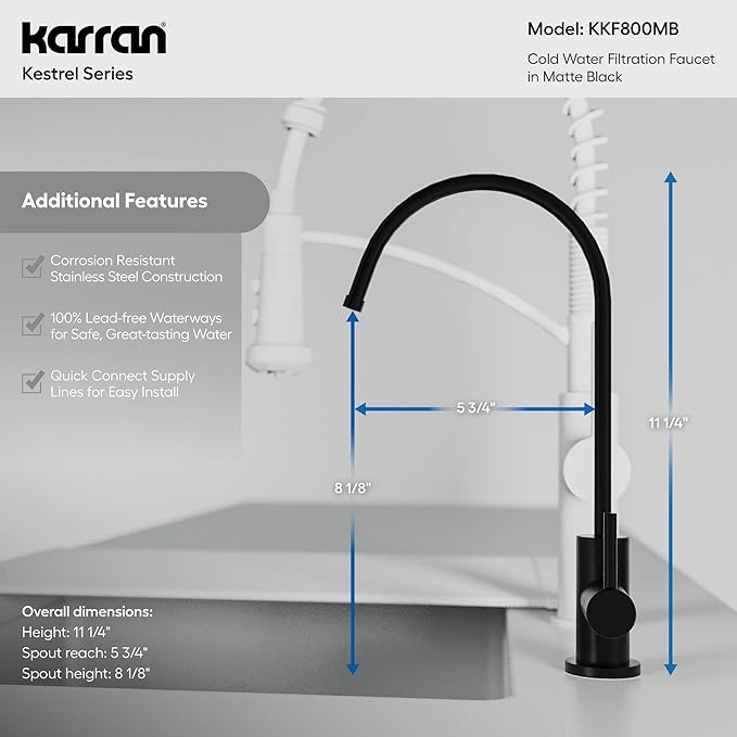 Karran Kestrel Single-Handle Filtered Water Faucet in Matte Black 100% Lead-Free Brass, RO/Filtration System Ready, 360° High-Arc Spout, Spot-Free Finish Beverage Faucet (Matte Black)