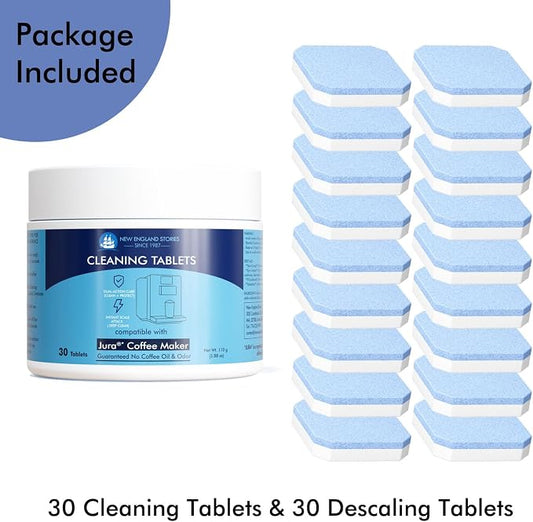 New England Stories Jura Compatible 30 Cleaning + 30 Descaling Tablets Kit - Clean Coffee Oils & Remove Limescale for Coffee Machines