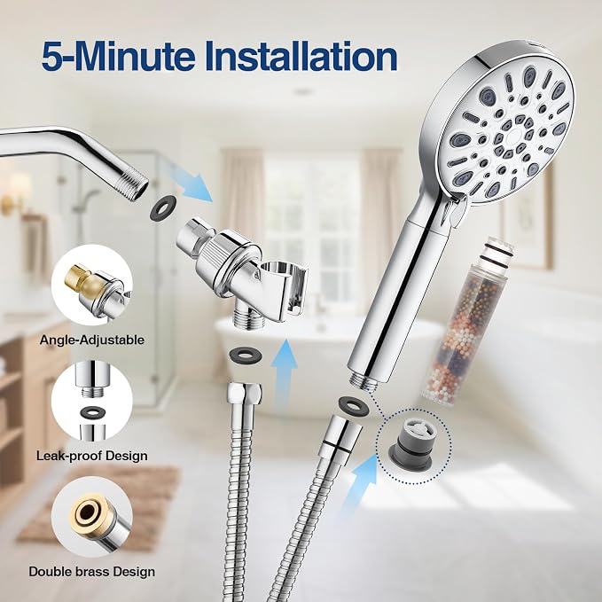Filtered Shower Head with 8 Spray Modes, High Pressure Handheld Showerhead Filter for Hard Water Filtering Showerhead with Hose(N8HS702CP-NA)