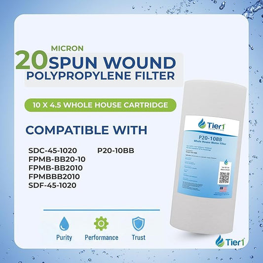 Tier1 20 Micron 10 x 4.5 Water Filter | Spun Wound Polypropylene Whole House Sediment Water Filter Cartridge | Replacement for SDC-45-1020, FPMB-BB20-10, P20-10BB | 4.5 x 10 Water Filter