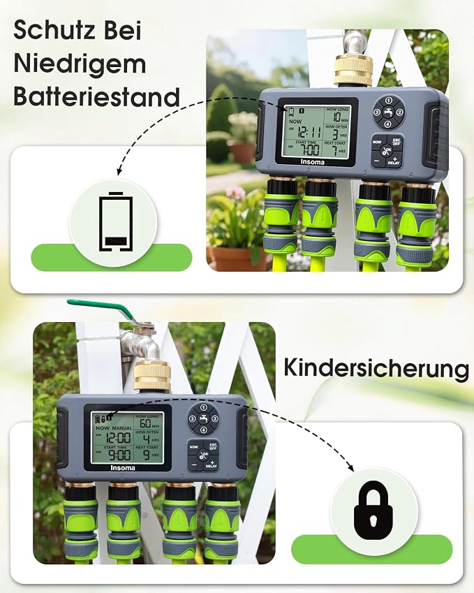 Insoma Water Timer 4 Zones with Brass Inlet & Outlet, Automatic Garden Hose Timer with Manual/Rain Delay & Large Display, IPX5 Waterproof Faucet Timers for Sprinkler System, Yard, Lawn, Greenhouse