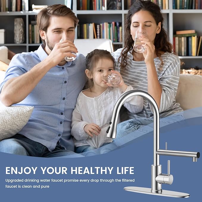 FEELSO Kitchen Faucets, Upgraded Filter Water Kitchen Faucet with Pull Down Sprayer, Brushed Nickel Stainless Steel High Arc 1 Or 3 Hole Kitchen Sink Faucet for Remove Lead, Chlorine, Bad Taste & Odor