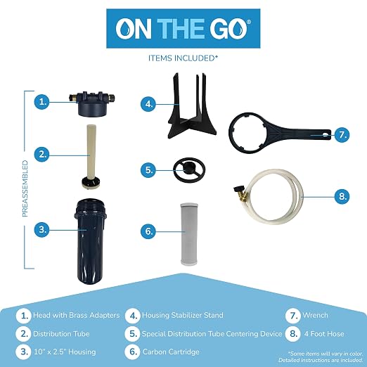 On The Go Portable 16,000 Grain RV Double Water Softener (NOT Made in China) with the On The Go Water Softener Salt Regeneration Kit and Carbon Filter