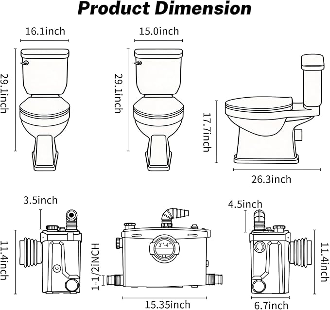 800Pro Macerating Toilet with Pump–Upflush Toilet System for Basement/Attic, 4 Water Inlets & AC Vent, 36ft Vertical Lift, Dual Flush, Easy Install,17.7" Elongated Toilet