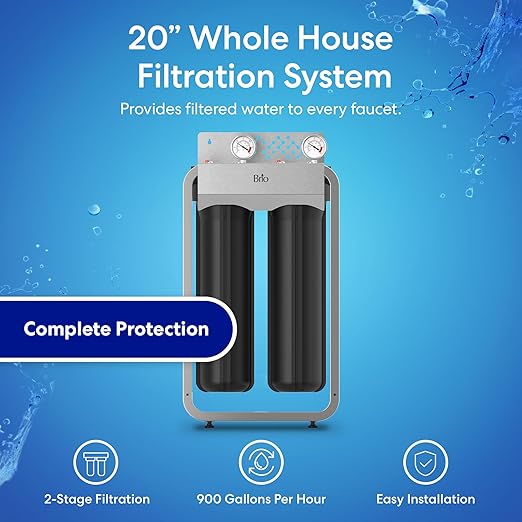 Brio Whole House Water Filter System w/Gauges | 2 Stage Fast-Flow Filtration (5 Micron Sediment, CTO Carbon Block) 4.5" x 20" Filters | Improves Taste, Protects Home Appliances & Shower | 900 GPH