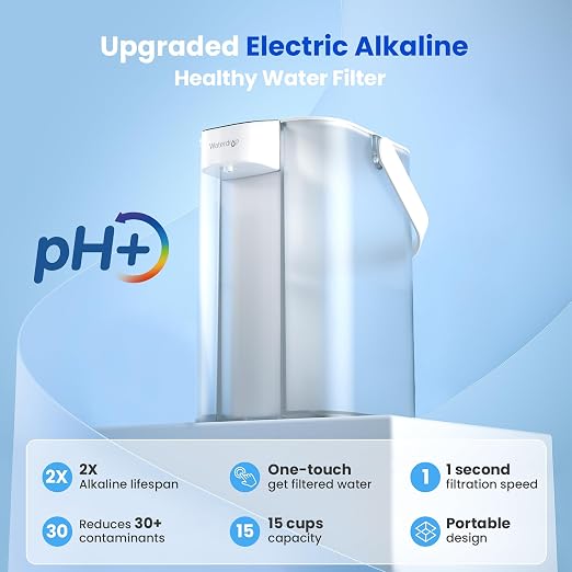 Waterdrop ED01AW Alkaline Electric Water Filter Pitcher, 15-Cup, White | Rechargeable Water Dispenser with 1 Filter, Instant 200-Gallon Countertop Purifier, Reduce PFOA/PFOS, Chlorine, Lead