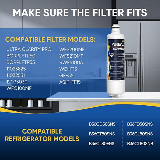 PUREPLUS BORPLFTR50 Replacement for Bosch 11025825 Ultra Clarity Pro Refrigerator Water Filter, Compatible with 12033030, 12028325,11025825, BORPLFTR55, WFC100MF, B36CT80SNS, B36CL80ENS, 2Pack