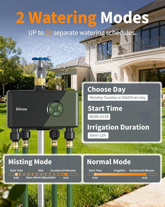 Diivoo 4 Zone WiFi Water Timer with Brass Inlet, Smart Hose Sprinkler Timer 4 Outlets Compatible with Alexa/Google Assistant, 24 Irrigation Plans, Rain Delay & Mist Mode for Garden Lawns (2.4GHz Only)
