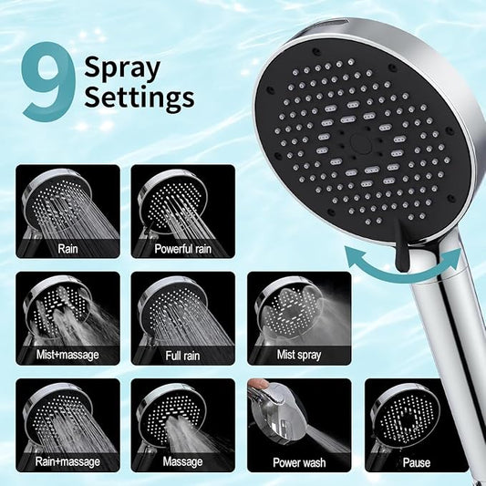 SR SUN RISE NSF Certified Filtered Shower Head 9-Spray Setting with Handheld for Hard Water to Remove Chlorine High Pressure Anti-Clog Nozzles (1 Filter, Chrome Silver)