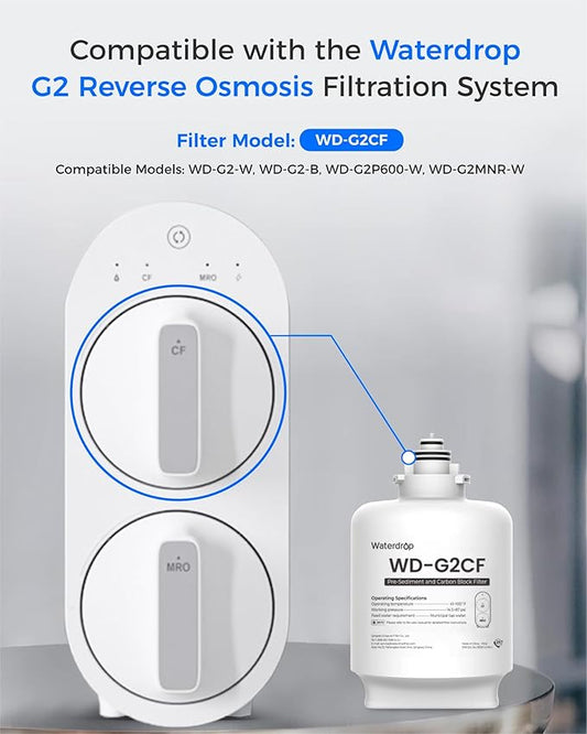 Waterdrop G2-2CF Filter, Replacement for G2 & G2P600 Reverse Osmosis System, 12-Month Lifetime, 2-Pack