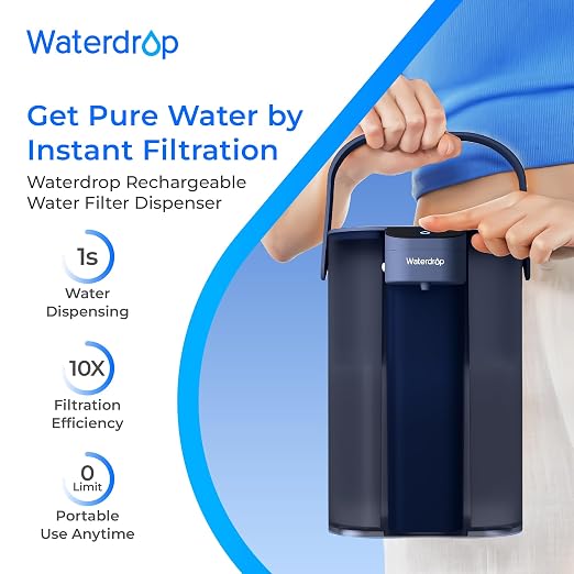 Waterdrop ED01B Electric Water Filter Pitcher, NSF/ANSI 42&53&401&372, Blue | 200-Gallon Long-Life, Reduce 99.6% of Lead and 45+ Impurities, 15-Cup, Rechargeable Instant Dispenser, Does not Lower TDS