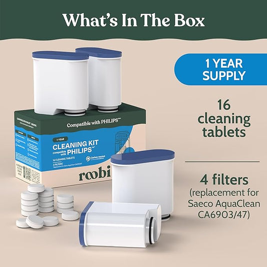Roobi Cleaning Tablets & Filters Compatible with Philips Saeco. Includes 16 Espresso Cleaning Tablets & 4 Water Filters. Carbon Neutral Philips Cleaner Kit. 1 Year Supply.