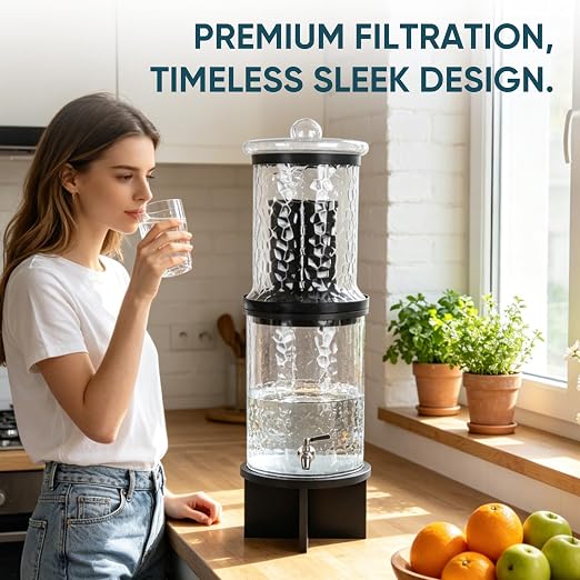 3 Gallon All Glass Gravity-Fed Water Purifier, Countertop Water Filtration System with Wooden Stand, for Home, Emergency & Outdoor Survival