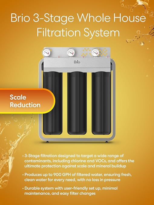 Brio 3-Stage Whole House Filtration System, Anti-Scale, 900 GPH, 4.5" x 20" Sediment, PHO, and CTO Carbon Block Filters Included w/Lifespan of 12 Months