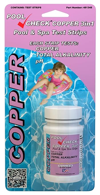 Industrial Test Systems 481348 Copper 3 in 1 Pool Check | Made in USA | 3 Parameter Pool Test Strips | Copper, pH, & Total Alkalinity | Easy Match Colors | Lowest Copper Detection Levels