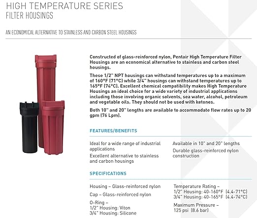 Pentair Pentek 150015 High Temperature Filter Housing, 3/4" NPT #10 Standard Glass-Reinforced Nylon Water Filter Housing, 10-Inch, Red/Red