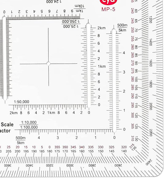CYA MP-5 Square Military Map Protractor - Multi Scale UTM Coordinate Tool | Multi-scale MP-5 square map protractor for 1:24k to 1:500k charts. Features degrees, mils & USGS 7.5 min map rulers.