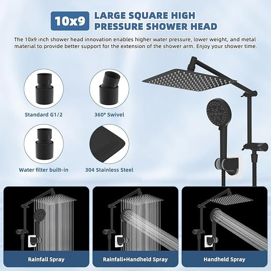 All Metal Rain Shower Head, 10” High Pressure Rainfall Shower Head with Handheld, 5" Large Handheld Showerhead Powerful Cleaning 10-Spray, 16" Shower Extension Arm Adjustable Height/Angle, Matte Black