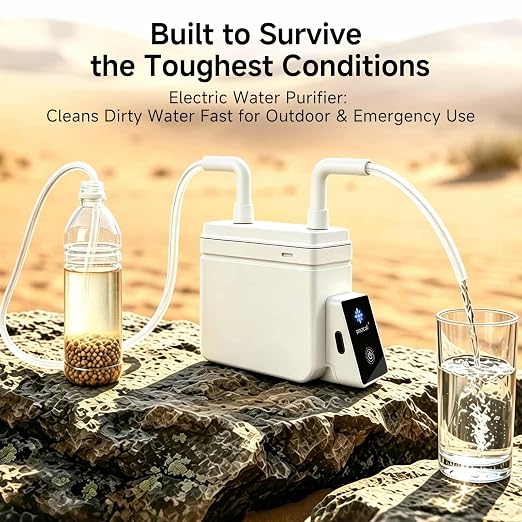 Motorized Outdoor Water System, 0.01μm UF Structure, USB-C Rechargeable Portable Unit, Compact for Camping Backpacking Emergency Preparedness (White)