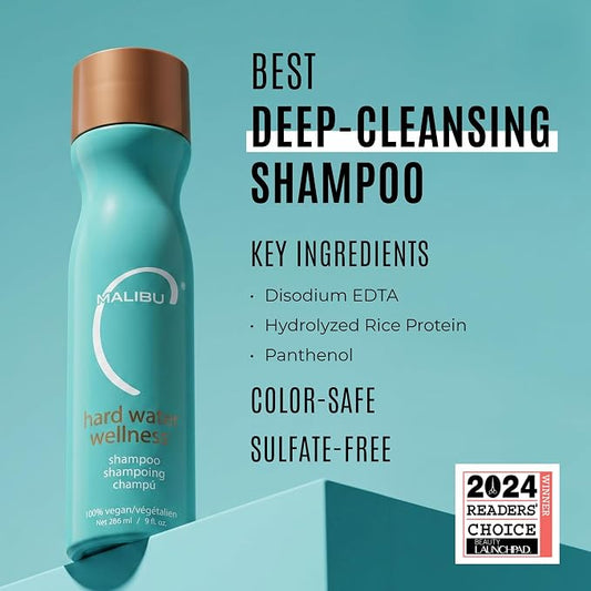 Malibu C Hard Water Wellness Shampoo - Hydrating, Sulfate-Free Hair Care for Hard Water - Removes Minerals and Buildup (9 oz)