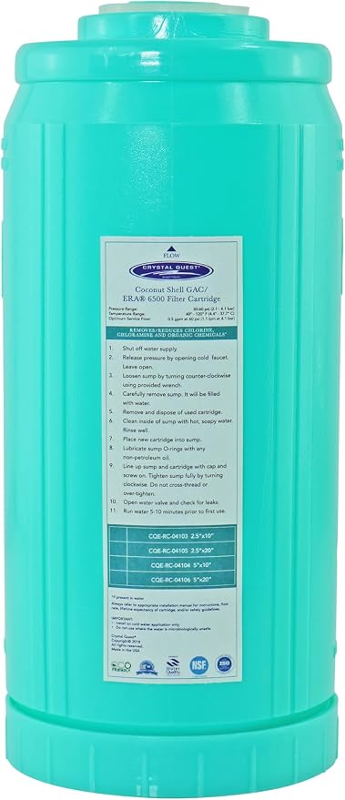 Crystal Quest GAC Coconut Shell Water Filter Cartridge - Reduces Chlorine & Chloramines, Long-Lasting Performance, Durable Construction, Enhanced Filtration for Crystal Quest Systems 4-5/8” x 9-3/4”
