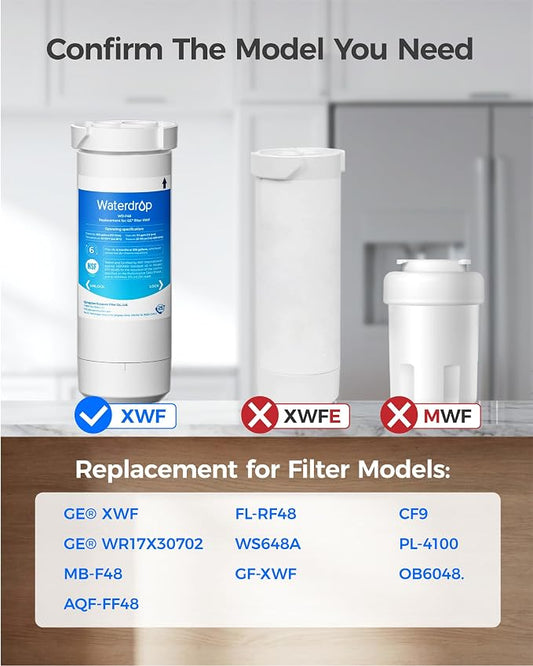 Waterdrop XWF Water Filter Replacement for GE® WR17X30702, 4 Pack, No chip | Replacement for GE® XWF, NSF 42 & 372 Certified, Compatible with GE® GNE27, GFE26, GDE25, GSS25, PSE25 Series Refrigerators
