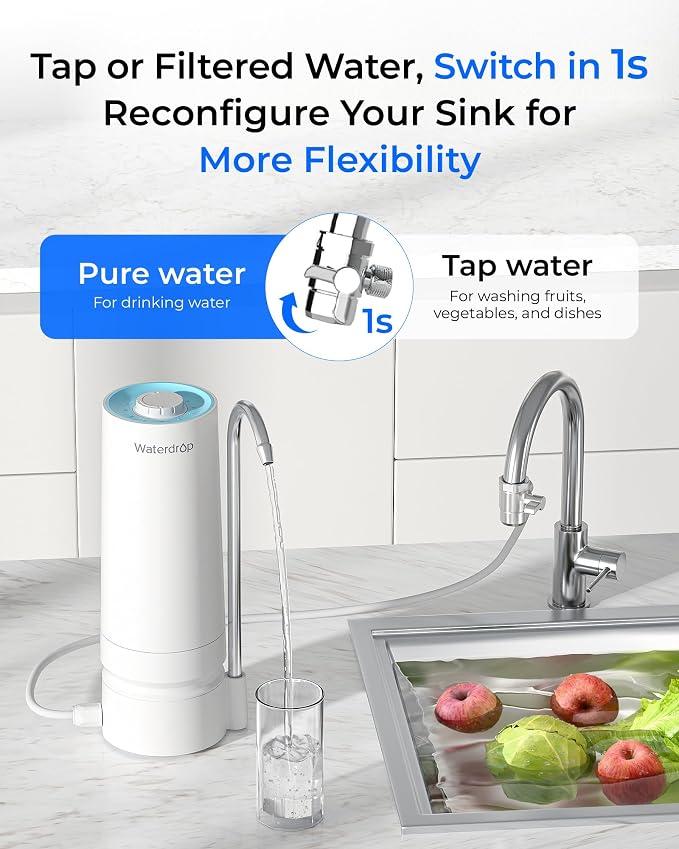 Waterdrop CTF-07 Ultra Filtration Water Filter for Sink Faucet | Reduces Heavy Metals, Bad Odor and 99% Chlorine, Countertop Water Filter System, Filter Life Reminder, 4000 Gallons, 1 Filter
