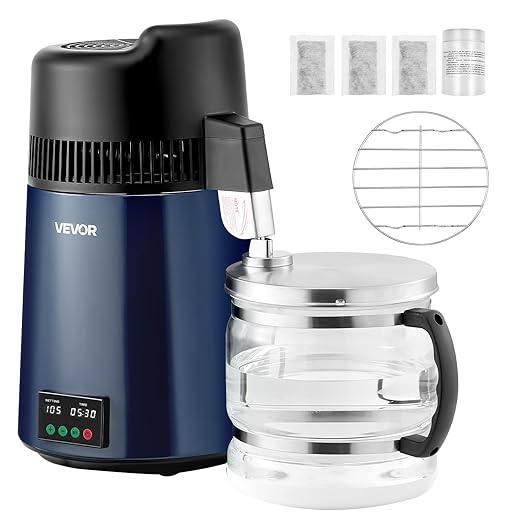 VEVOR Water Distiller, 6L/1.6 Gal Distilled Water Maker Countertop, 900W Distilling Machine with Glass Carafe, 0–99H Timer, Time & Temp Display, 2-Layer 304 Stainless Steel Distill for Home, Navy