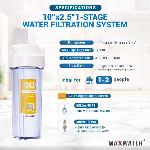 Max Water 10-Inch 1-Stage Whole House Water Filtration System with Clear Housing and 5-Micron Polypropylene Sediment Filter - Ideal for RVs, Well Water, and Boilers