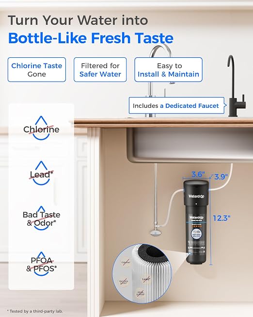 Waterdrop 10UB-B Under Sink Water Filter System with Dedicated Black Faucet | Reduces PFAS, PFOA/PFOS, Lead, Chlorine, Bad Taste & Odor, Under Sink Water Filter, NSF/ANSI 42 Certified, 1 Year