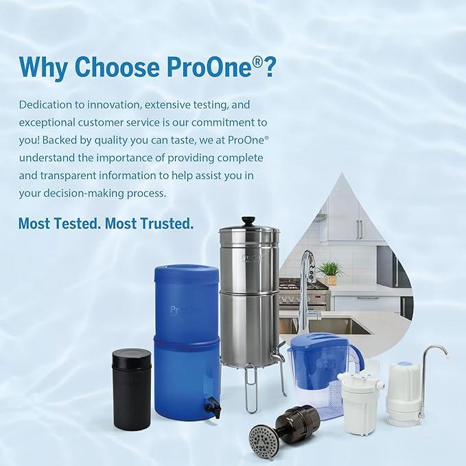 ProOne Big+ Gravity Water Filter System - High Capacity Countertop Stainless Steel Water Filter Dispenser - IAPMO Certified to Reduce Lead, Total PFAS, Microplastics, Chlorine Taste & Odor