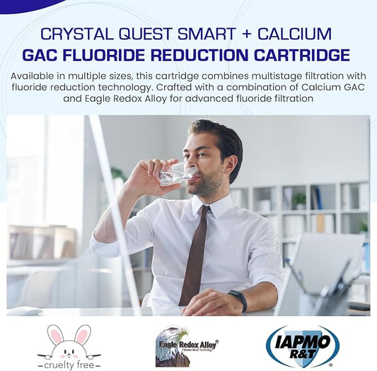 Crystal Quest SMART + Calcium GAC Fluoride Reduction Water Filter Cartridge - 1 Micron - Coconut Shell GAC - Eagle Redox Alloy - Reduces Fluoride & Contaminants -2-7/8โ x 9-3/4โ