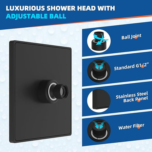 Hibbent cUPC Certified Metal Rain Shower Head, 6'' High Pressure Rainfall Shower Head, Square Bathroom Waterfall Shower Heads, High Flow Fixed Showerheads with Adjustable Brass Ball Joint, Matte Black