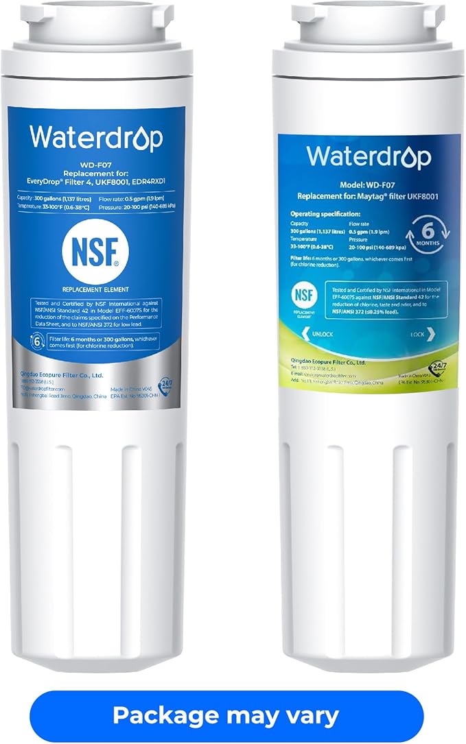 Waterdrop EDR4RXD1 Refrigerator Water Filter,Replacement for EveryDrop® Filter 4, Whirlpool® UKF8001, 4396395, Maytag® UKF8001AXX-200, UKF8001AXX-750, Kenmore® 46-9006, WD-F07