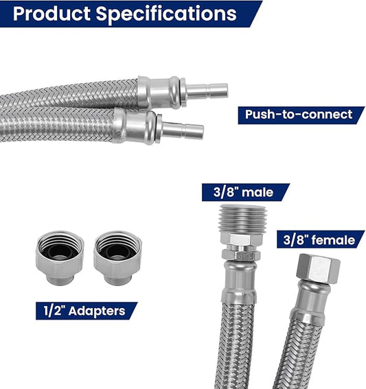Solimeta Push-To-Connect Stainless Steel Hose Kit for Under Sink Water Filter, 3/8" Male/Female with 1/2" Adapters, 2.5FT